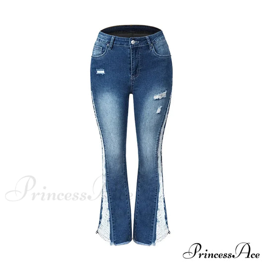 2024 Stretch Women’s Fashion Leg Side Hole Flare High Waist Sexy Fringe Ripped Hollow Denim