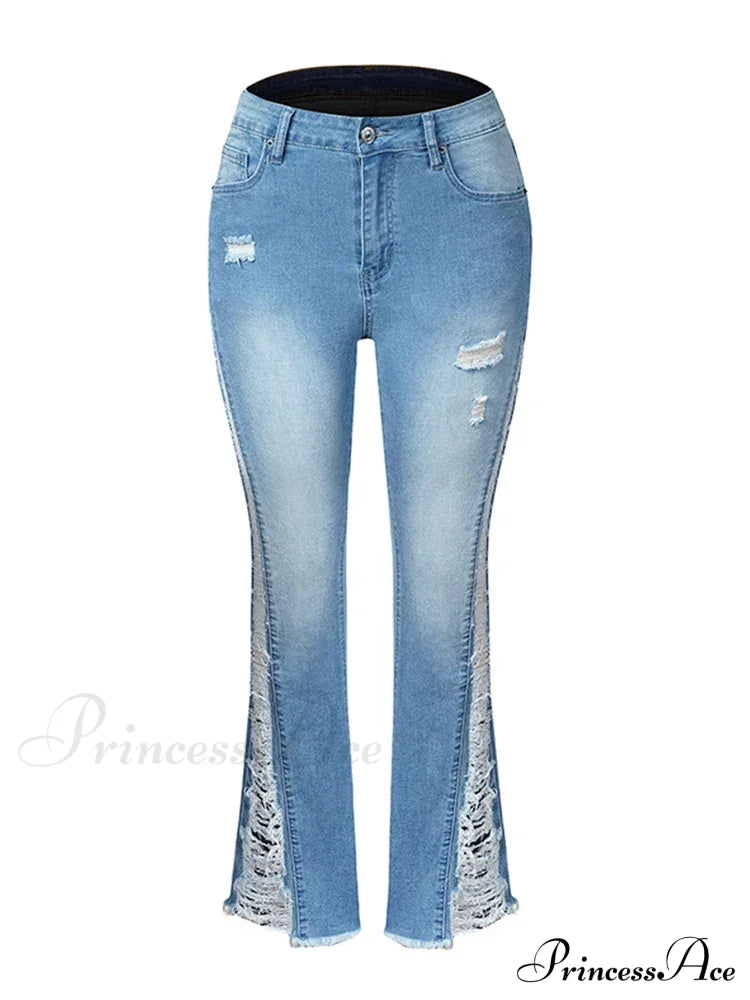 2024 Stretch Women’s Fashion Leg Side Hole Flare High Waist Sexy Fringe Ripped Hollow Denim