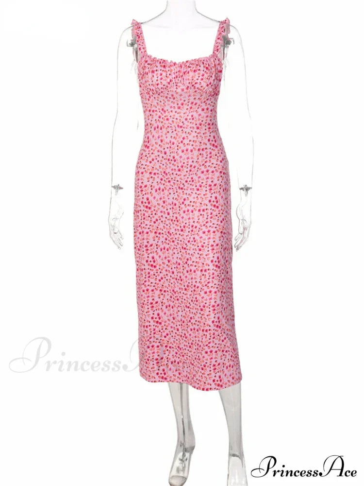 2024 Summer Beach Women’s Casual Pink Strap Print Floral Ruched Party Sexy Club Midi Dress