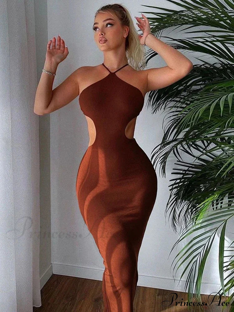 2024 Summer Halter For Women’s Sleeveless Backless Club Party Cutout Bandage Midi Dress Clothes Sexy