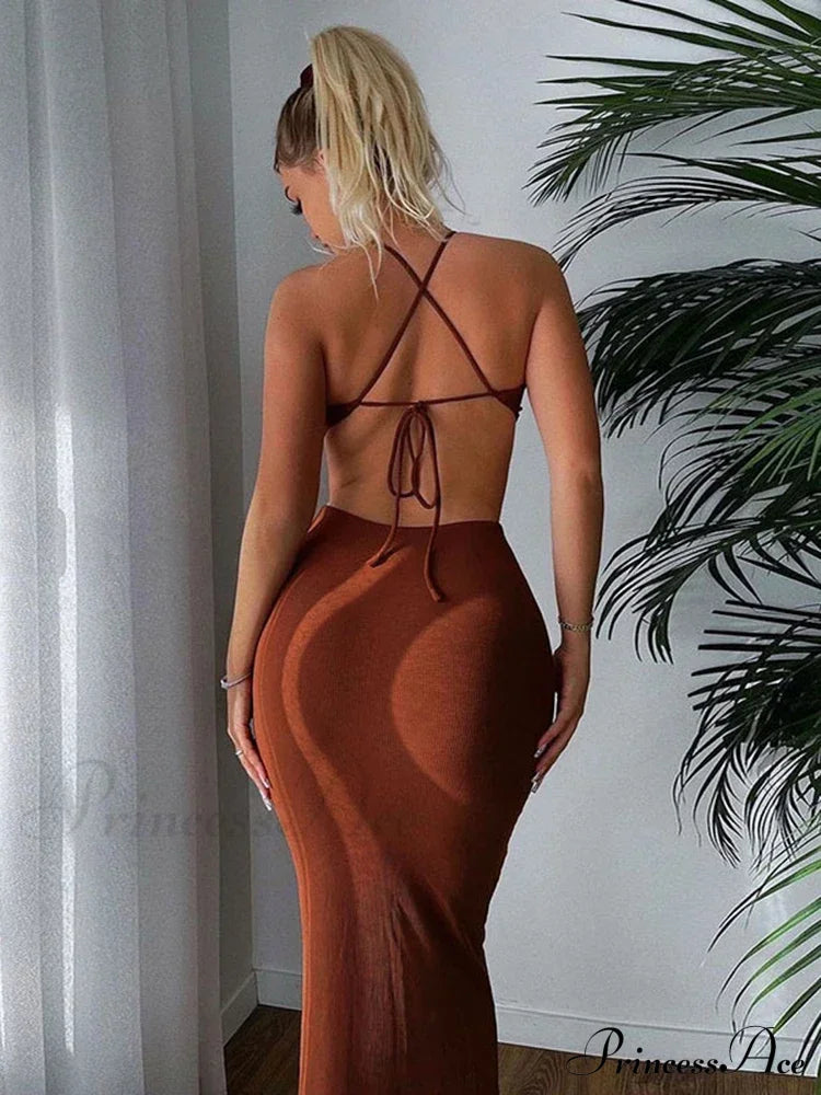 2024 Summer Halter For Women’s Sleeveless Backless Club Party Cutout Bandage Midi Dress Clothes Sexy