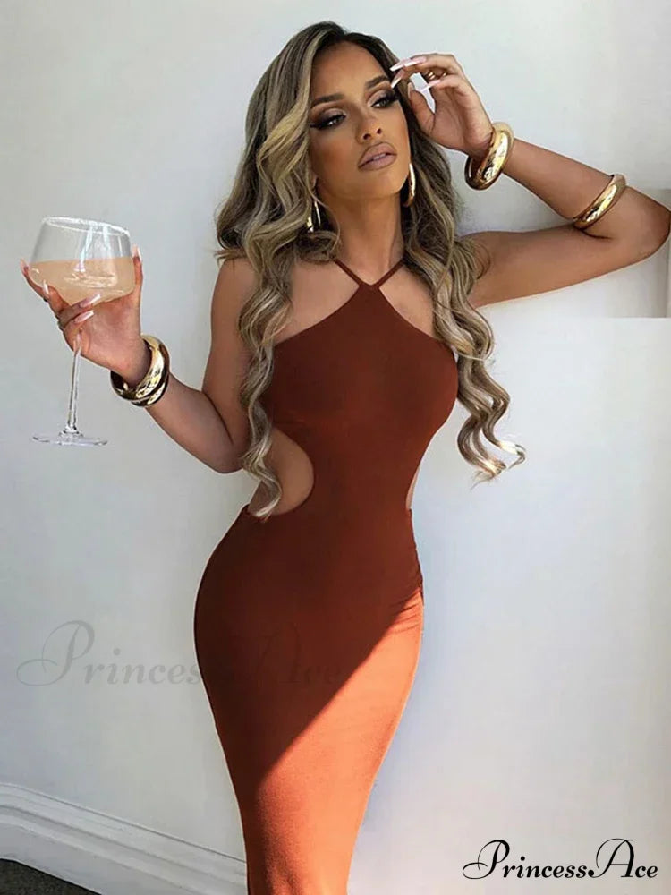 2024 Summer Halter For Women’s Sleeveless Backless Club Party Cutout Bandage Midi Dress Clothes Sexy