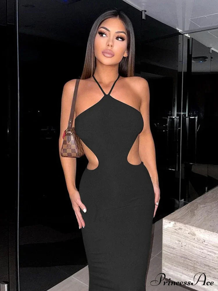 2024 Summer Halter For Women’s Sleeveless Backless Club Party Cutout Bandage Midi Dress Clothes Sexy