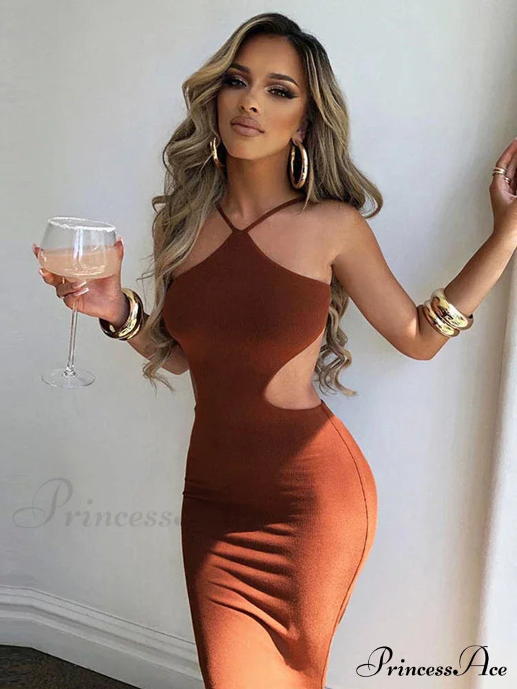 2024 Summer Halter For Women’s Sleeveless Backless Club Party Cutout Bandage Midi Dress Clothes Sexy