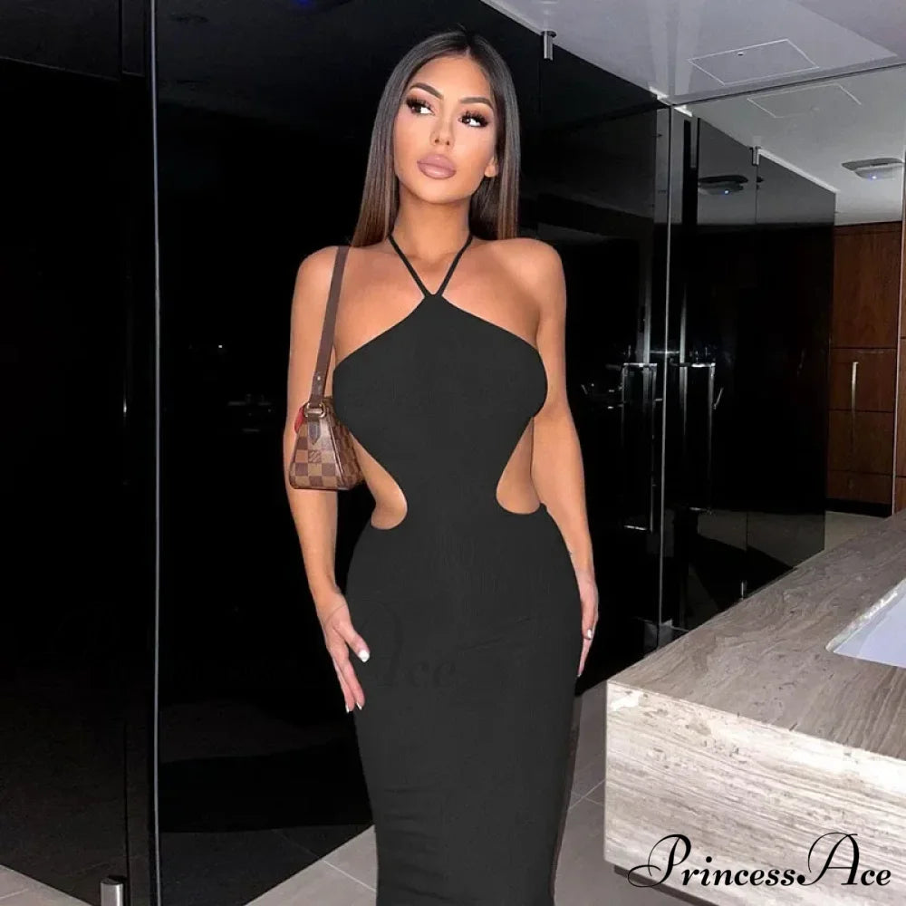 2024 Summer Halter For Women’s Sleeveless Backless Club Party Cutout Bandage Midi Dress Clothes