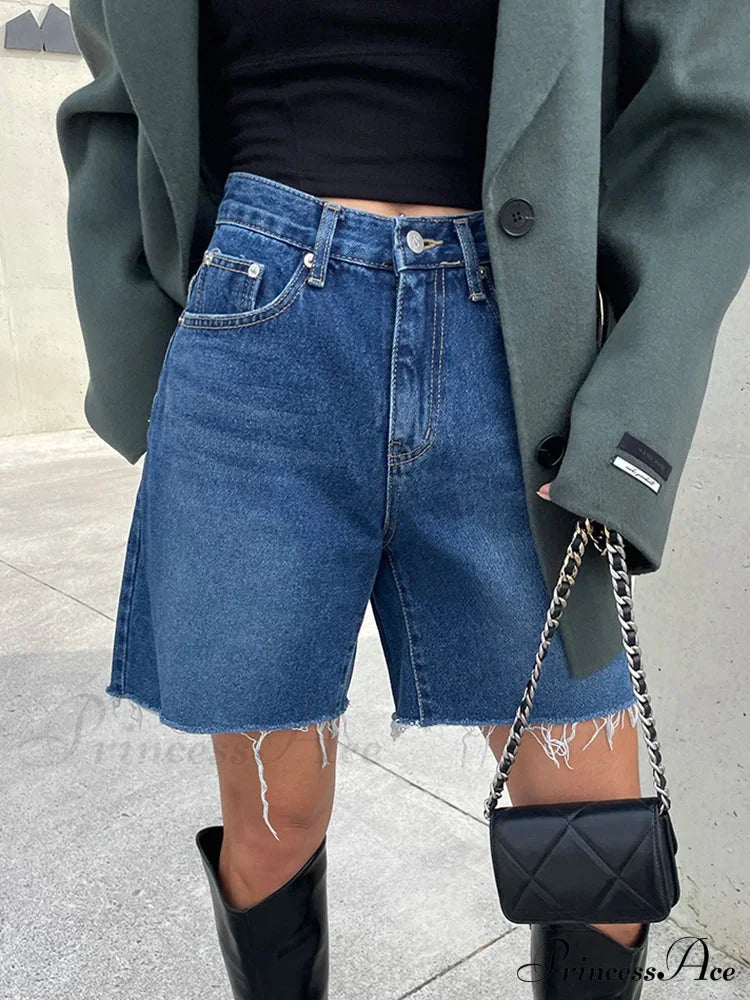 2024 Summer High Waist Denim Pockets Burrs Blue Color Jeans Streetwear Casual Short