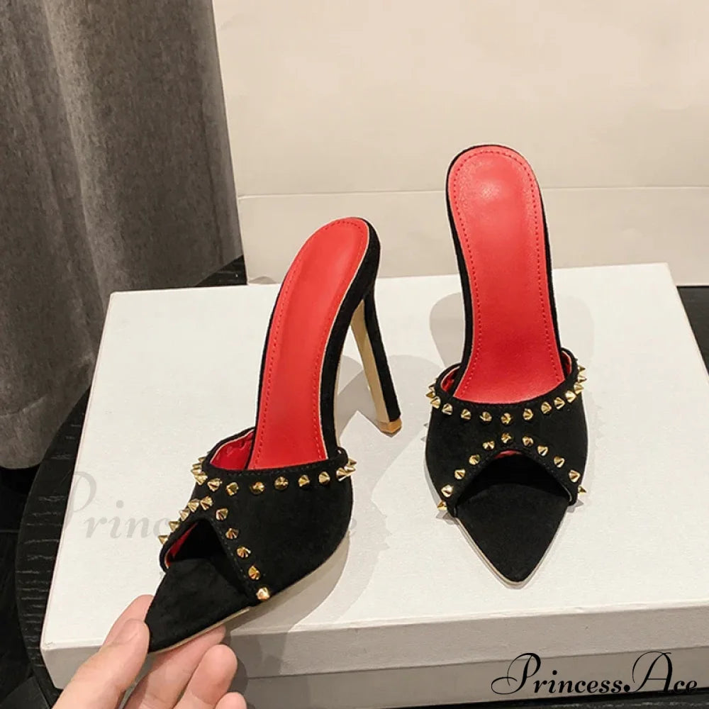 2024 Summerfashion Metal Rivet Designer High-Heels Pointed-Toe Party Stripper Women Mules High Heel