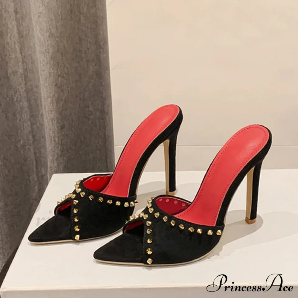 2024 Summerfashion Metal Rivet Designer High-Heels Pointed-Toe Party Stripper Women Mules High Heel