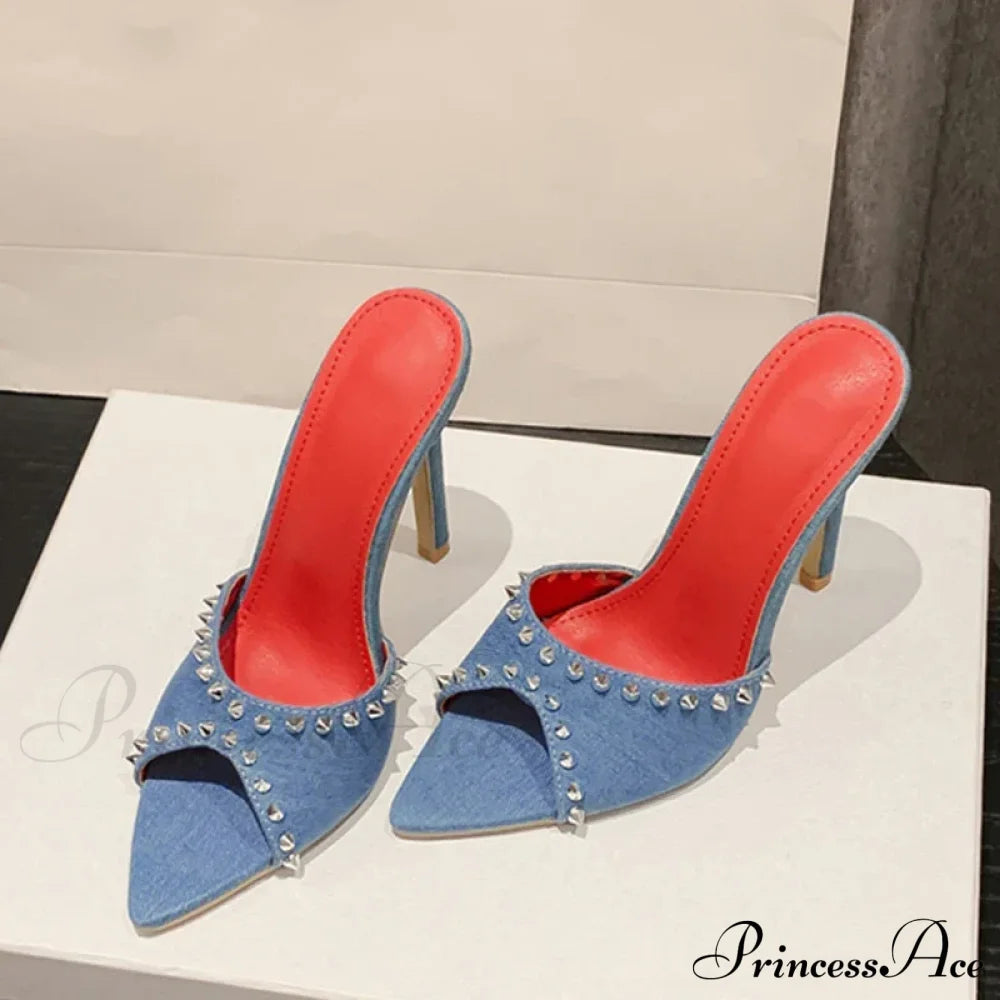 2024 Summerfashion Metal Rivet Designer High-Heels Pointed-Toe Party Stripper Women Mules High Heel