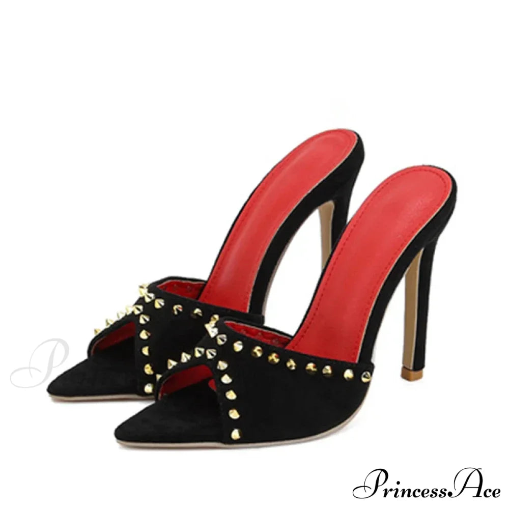 2024 Summerfashion Metal Rivet Designer High-Heels Pointed-Toe Party Stripper Women Mules High Heel