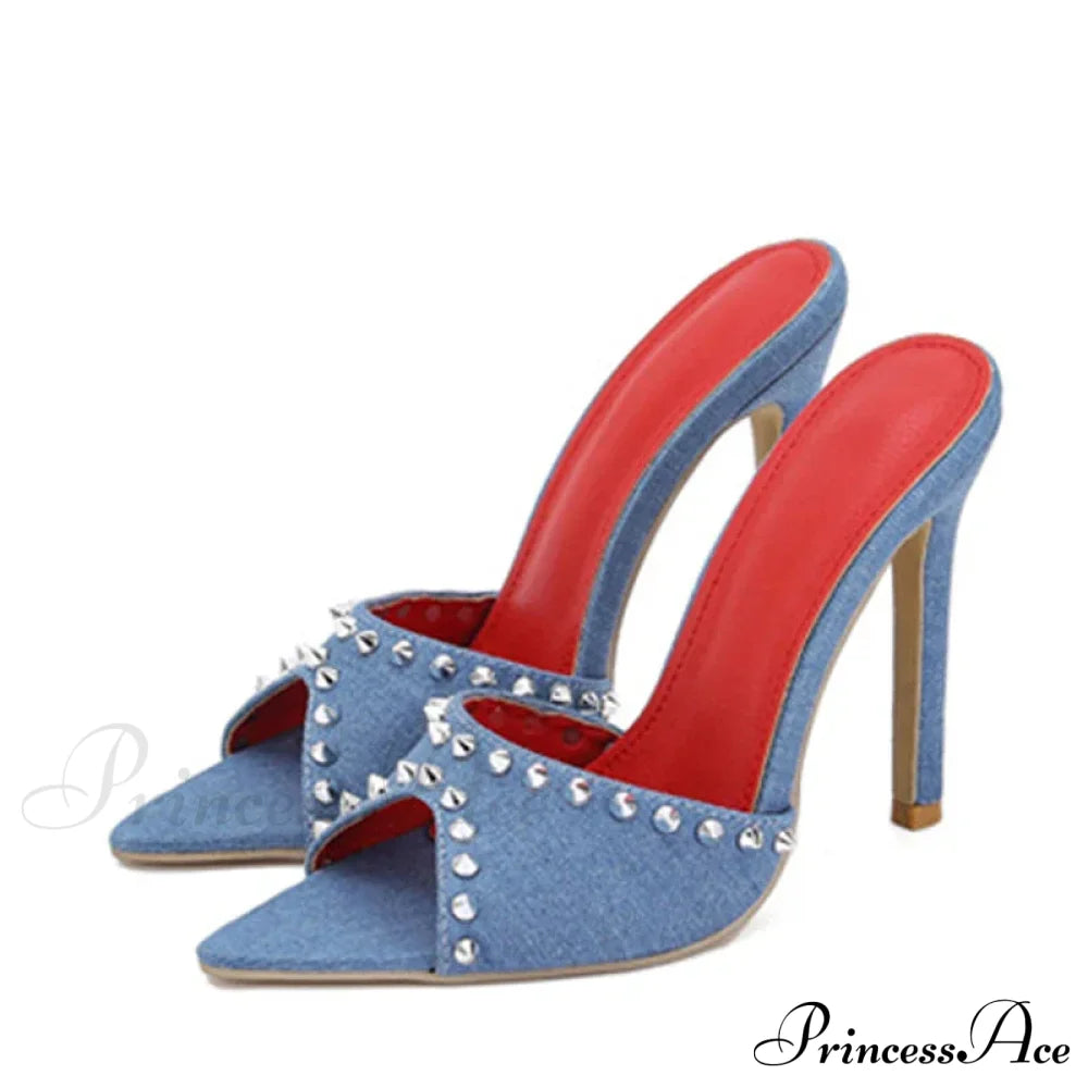 2024 Summerfashion Metal Rivet Designer High-Heels Pointed-Toe Party Stripper Women Mules High Heel