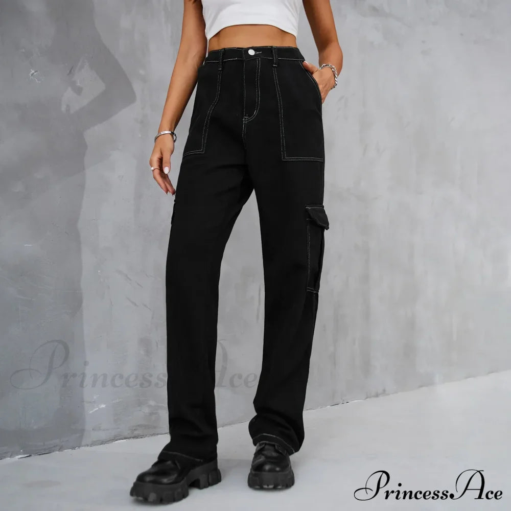 2024 Vintage Baggy Wide Leg Streetwear Straight Denim Pockets Cargo Jean