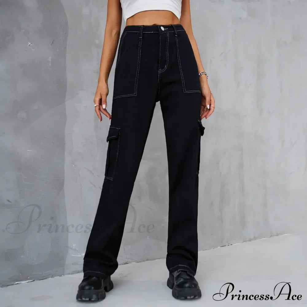 2024 Vintage Baggy Wide Leg Streetwear Straight Denim Pockets Cargo Jean Black / S