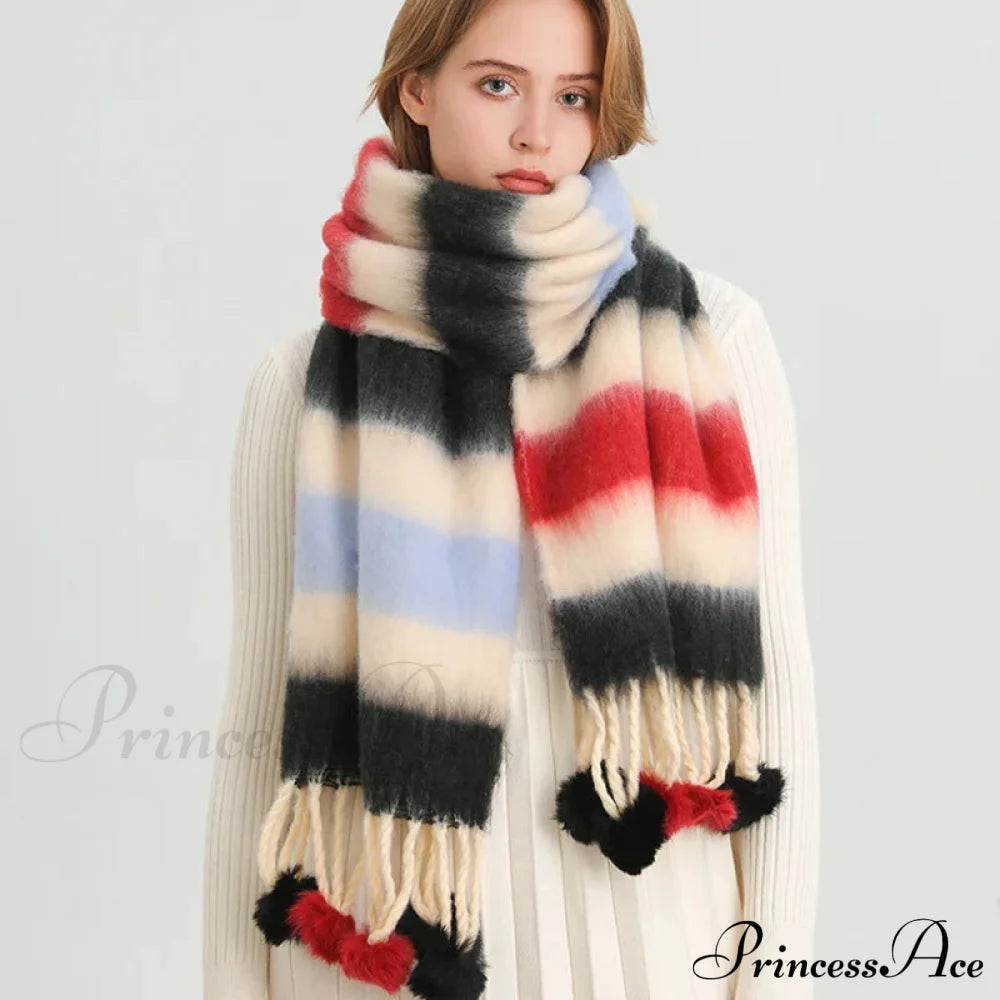 2024 Winter Multicolor Cashmere Loop Yarn Pashmina Scarf Black-Red-Light Blue Scarfs-L