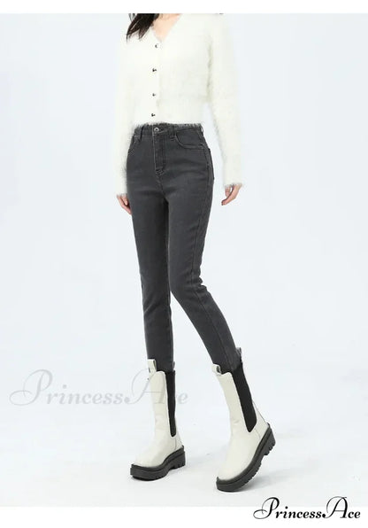 2024 Winter Thermal Warm Plush Stretch Lady Skinny Fleece Women Thicken High Waist Denim Pants