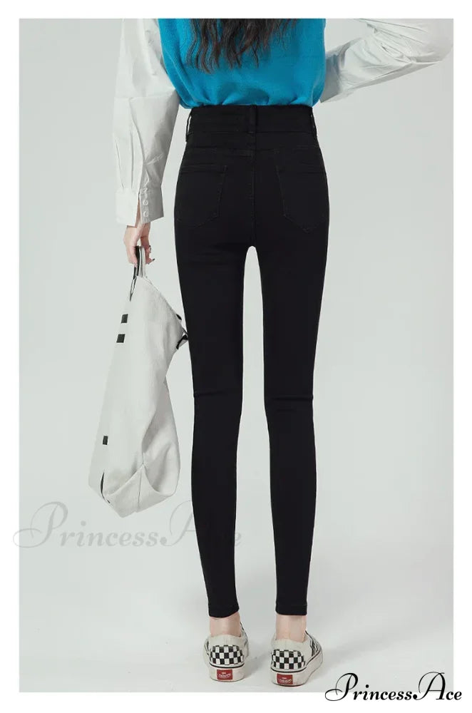 2024 Winter Warm Stretch Women High Waist Skinny Retro Thick Pencil Pants Slim Denim Trousers Jean