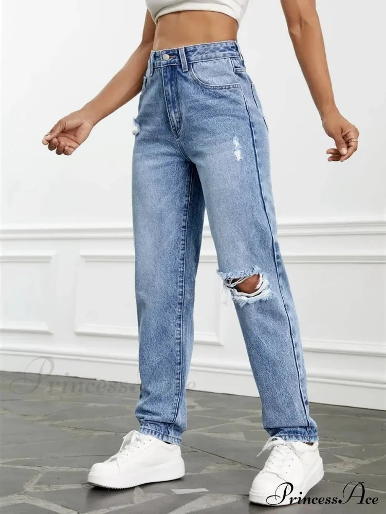 2024 Women Casual Fashion High Streetwear Ripped Holes Denim Pants Female Vintage Trousers Jean