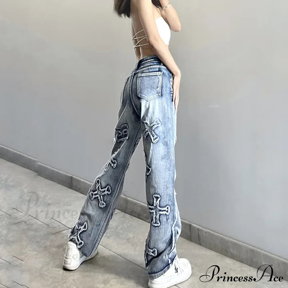 2024 Women Letter Patch Wide Leg Blue High Waist Personality Baggy Streetwear Y2K Fashion Cotton