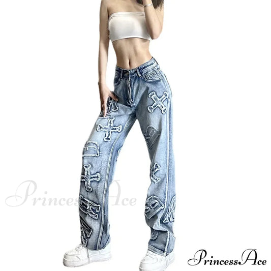 2024 Women Letter Patch Wide Leg Blue High Waist Personality Baggy Streetwear Y2K Fashion Cotton