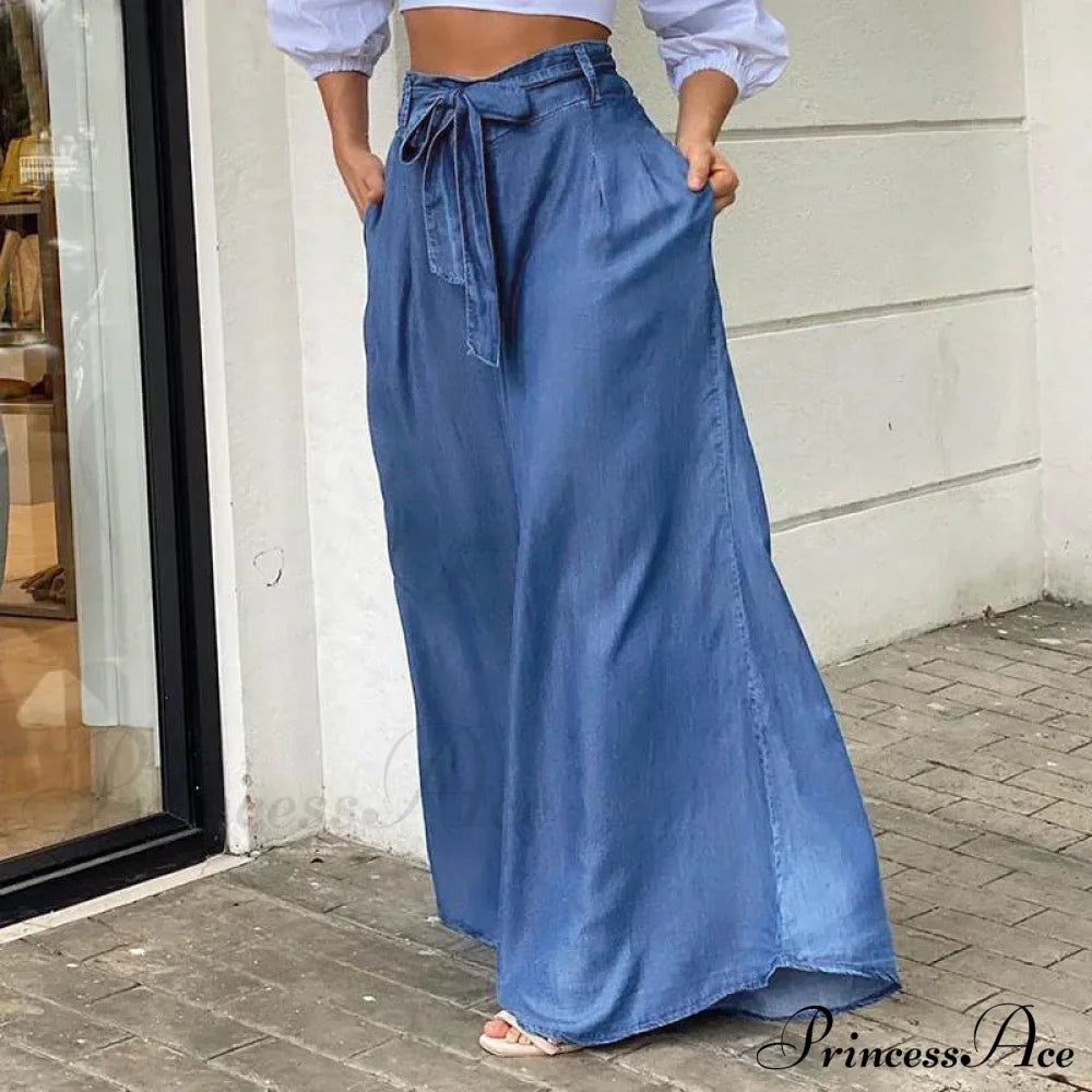 2024 Women Long High Waist Fashion Belted Casual Loose Solid Streetwear Skirt Jean