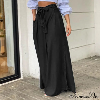 2024 Women Long High Waist Fashion Belted Casual Loose Solid Streetwear Skirt Jean