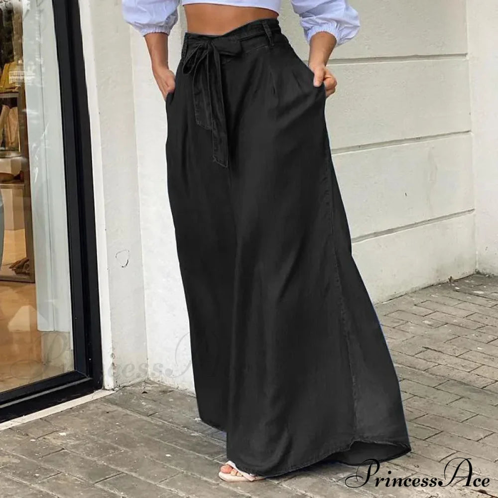 2024 Women Long High Waist Fashion Belted Casual Loose Solid Streetwear Skirt Jean