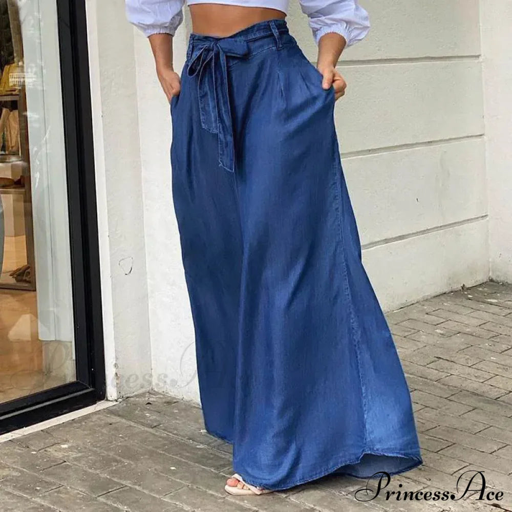 2024 Women Long High Waist Fashion Belted Casual Loose Solid Streetwear Skirt Jean