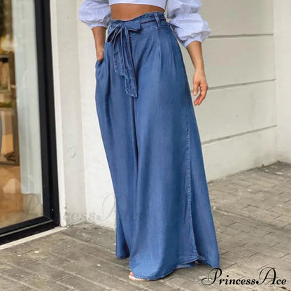 2024 Women Long High Waist Fashion Belted Casual Loose Solid Streetwear Skirt Jean