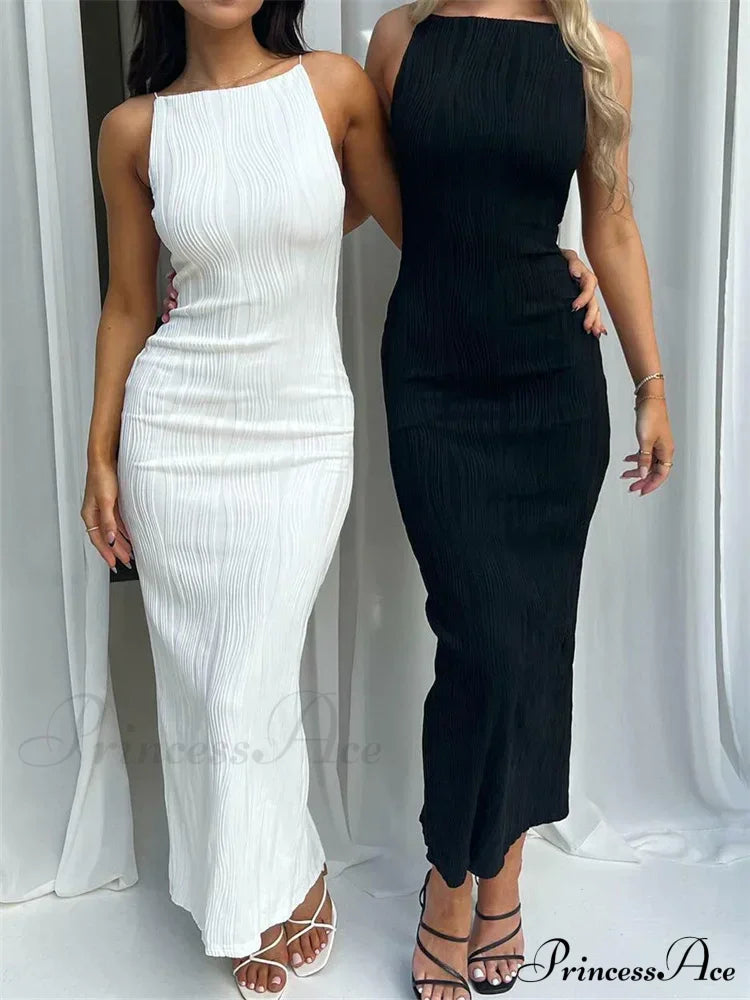 2024 Women Long Ruched Sleeveless Slim Solid Summer Party Back Split Clubwear Female Maxi Dress