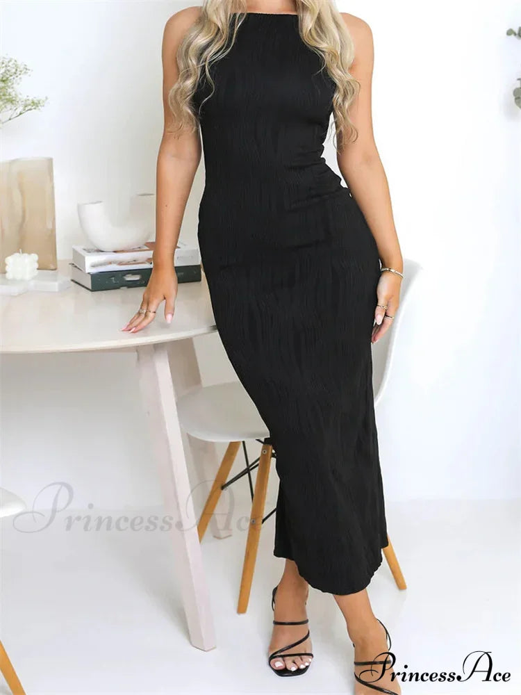 2024 Women Long Ruched Sleeveless Slim Solid Summer Party Back Split Clubwear Female Maxi Dress