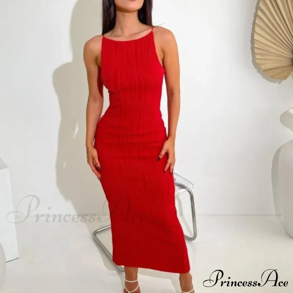 2024 Women Long Ruched Sleeveless Slim Solid Summer Party Back Split Clubwear Female Maxi Dress Red