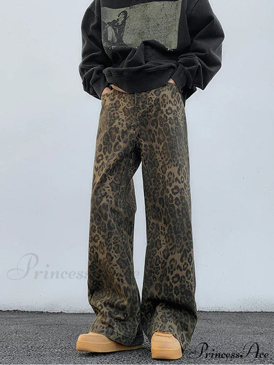 2024 Y2K Leopard Print Wide Leg Women High Waisted Fashion Streetwear Retro Denim Baggy Casual