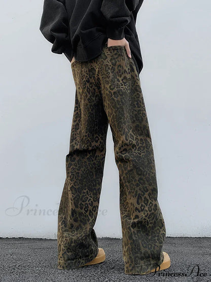 2024 Y2K Leopard Print Wide Leg Women High Waisted Fashion Streetwear Retro Denim Baggy Casual