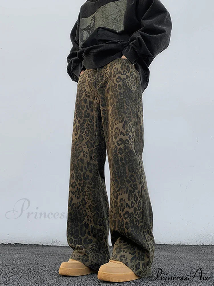 2024 Y2K Leopard Print Wide Leg Women High Waisted Fashion Streetwear Retro Denim Baggy Casual