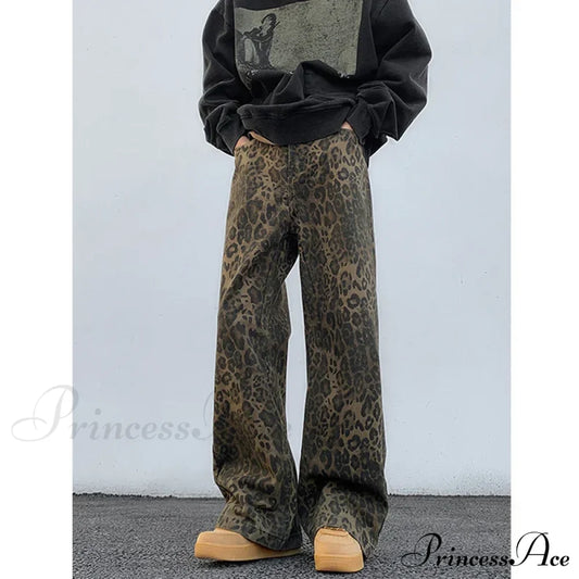 2024 Y2K Leopard Print Wide Leg Women High Waisted Fashion Streetwear Retro Denim Baggy Casual