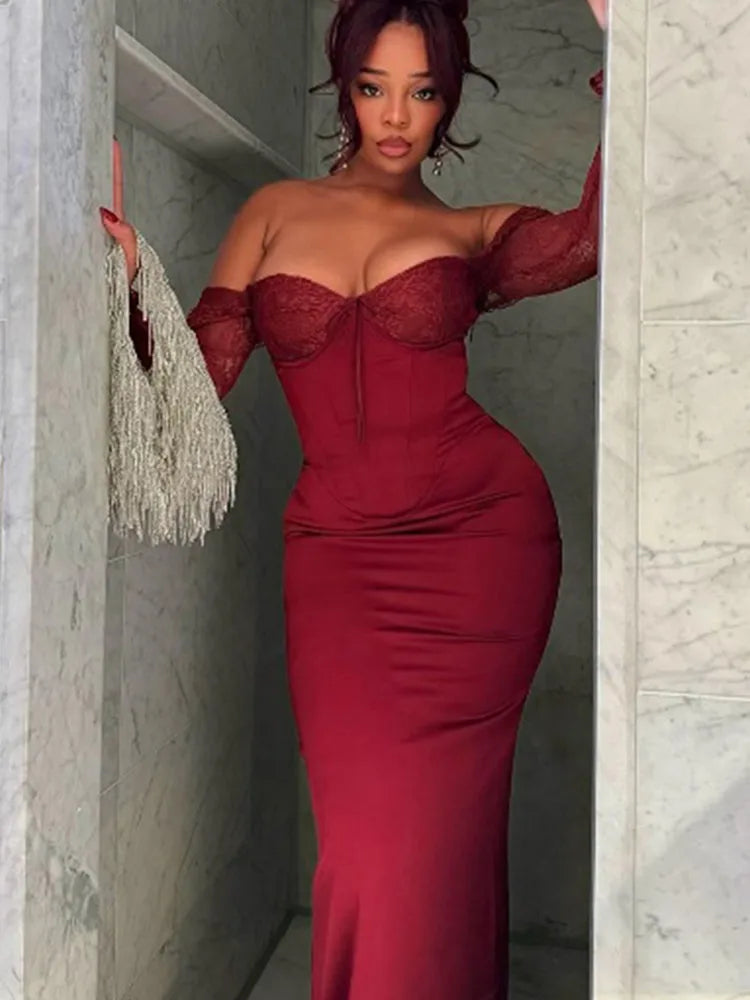 Red Lace Patchwork Split Party Dress Partydress-241208