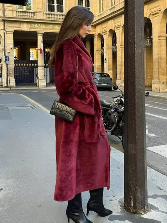 Dark Red Sheepskin Belted Coat