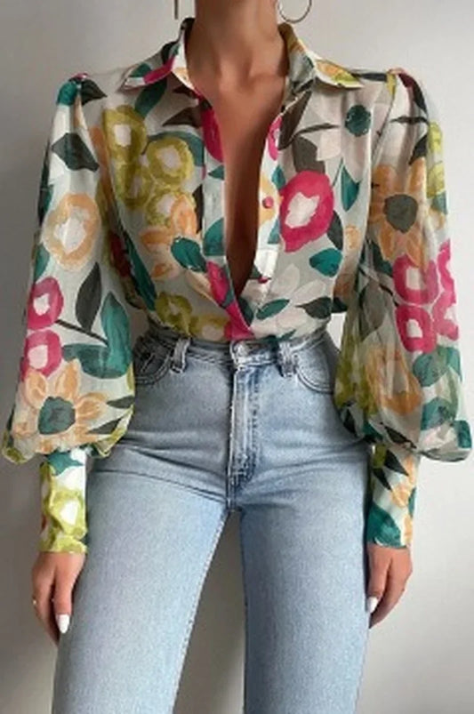 Printed Lantern Sleeve Vintage Floral Button Long Sleeve Blouse chestnut colour / S blouse-250126