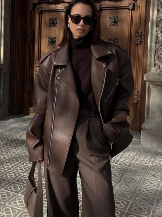 Zipper Lapel Leather Coat