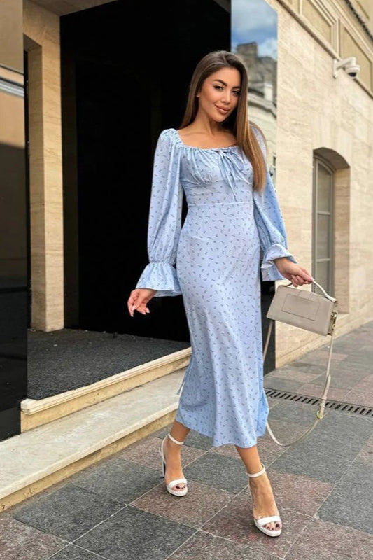 Langärmliges, figurbetontes Maxikleid mit Blumendruck