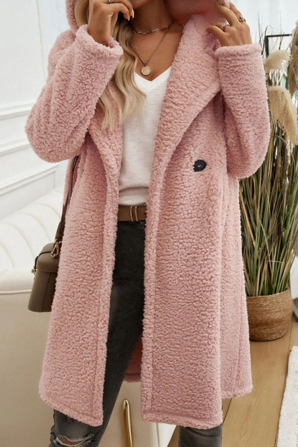 Mid Length Fuzzy Lapel Coat coats