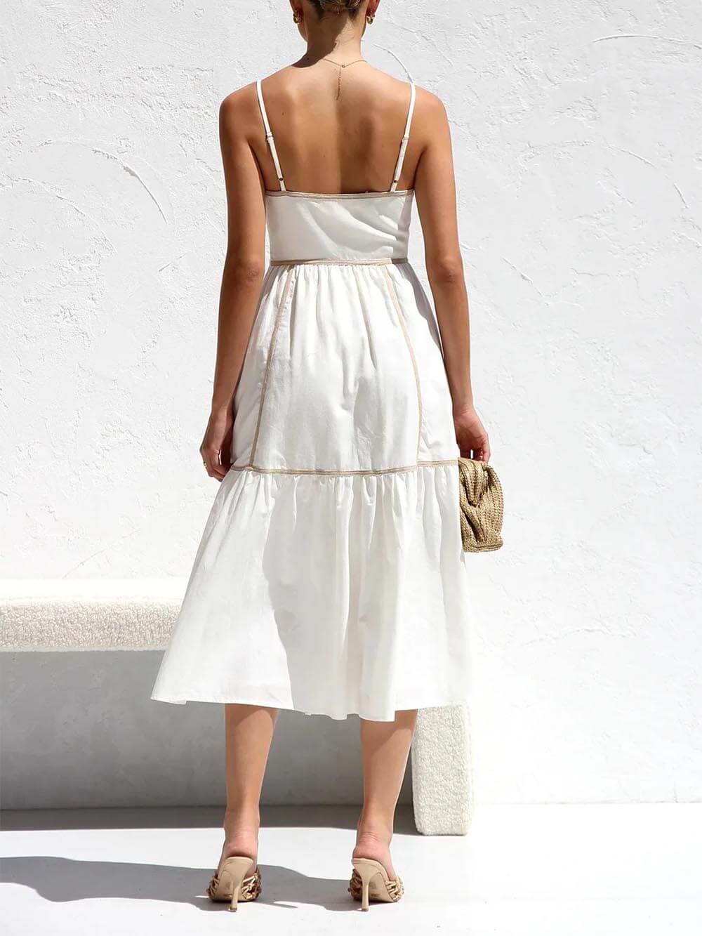 Contrast Color Trim Charming Adjustable Straps Midi Dress