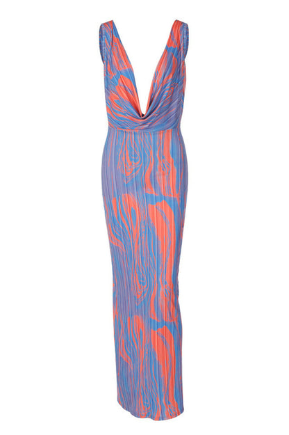 Abstract Print Plisse Charming Cowl Plunge Maxi Dress