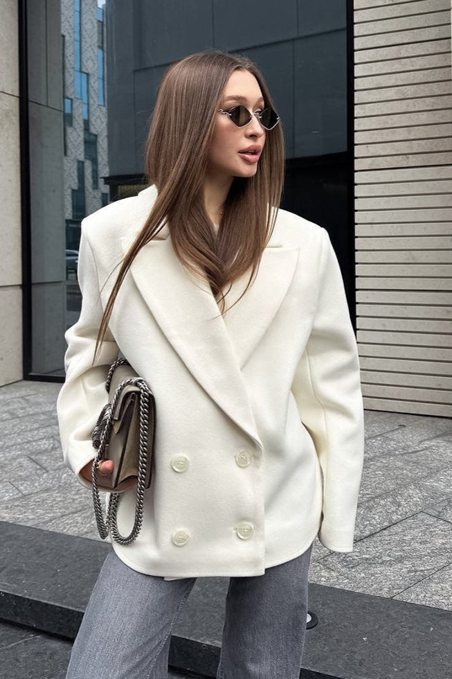 Beige Wool Blend Collared Mid Length Coat