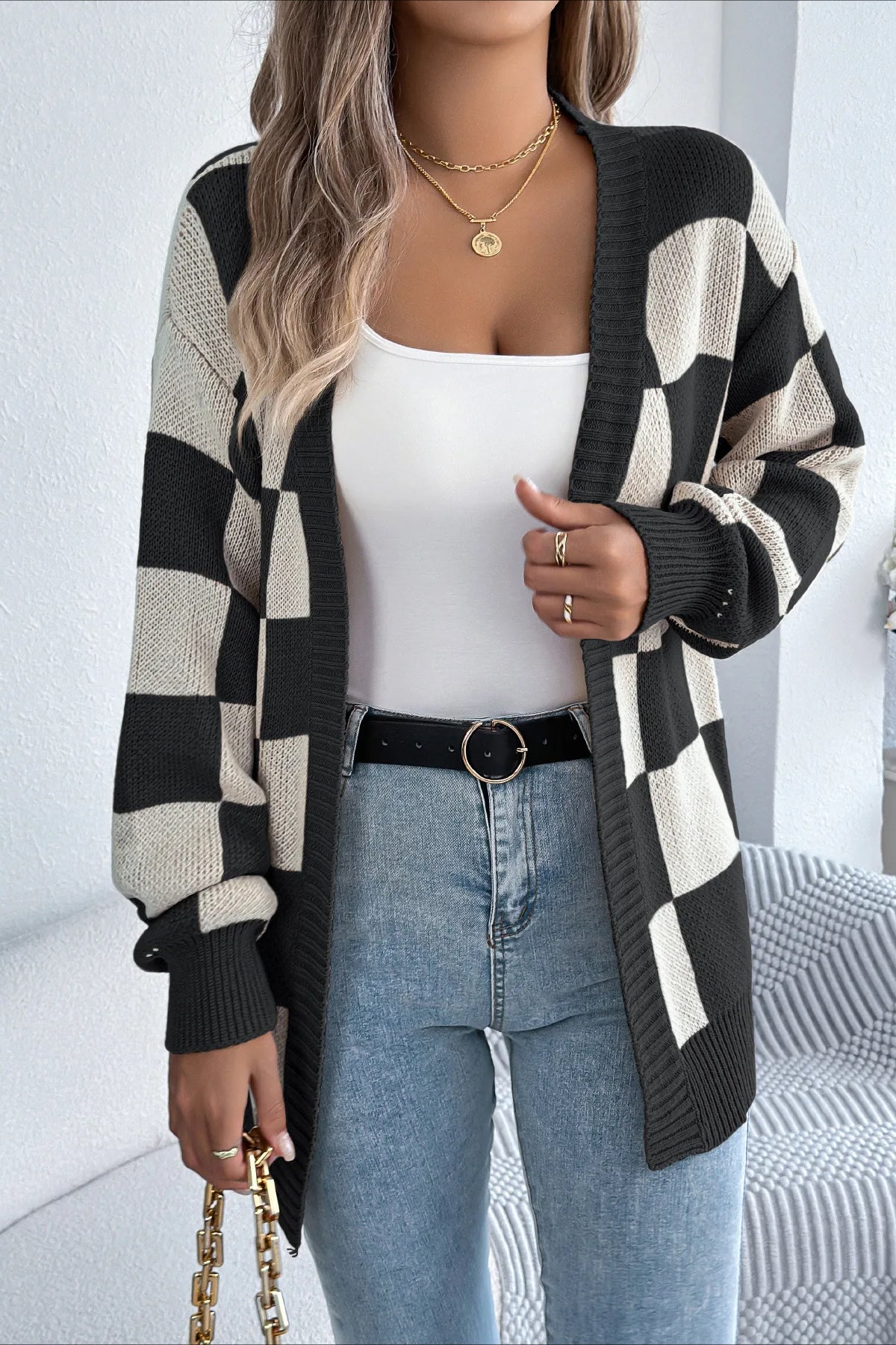 Plaid Knit Casual Loose Cardigan Black / S