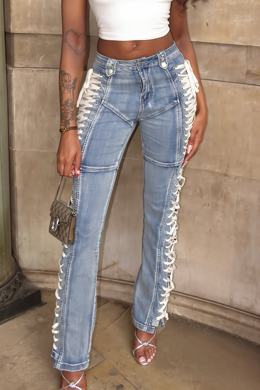 Side Lace High Rise Stretch Bootcut Jeans