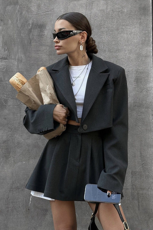 Mini Skirt with Lapel Blazer Two Piece Set S / Black