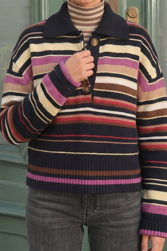 Multicolor Stripe Polo Collar Sweater