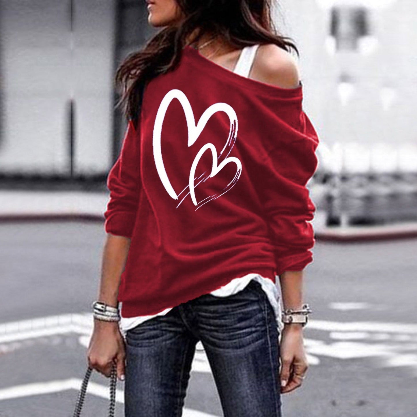 One Sweatshirt Tops Patterned Women's Heart Shoulder Casual Pullover Top