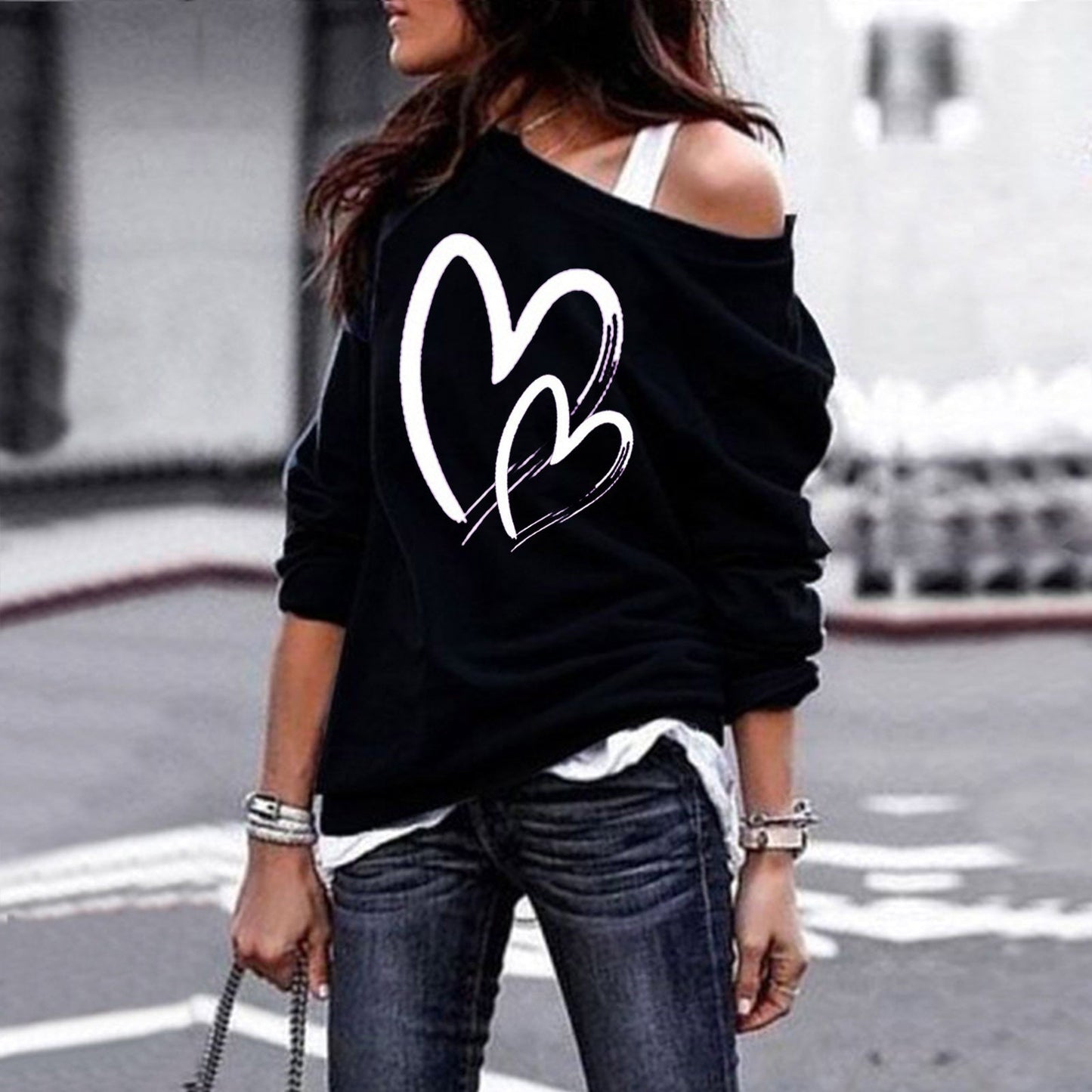 One Sweatshirt Tops Patterned Women's Heart Shoulder Casual Pullover Top